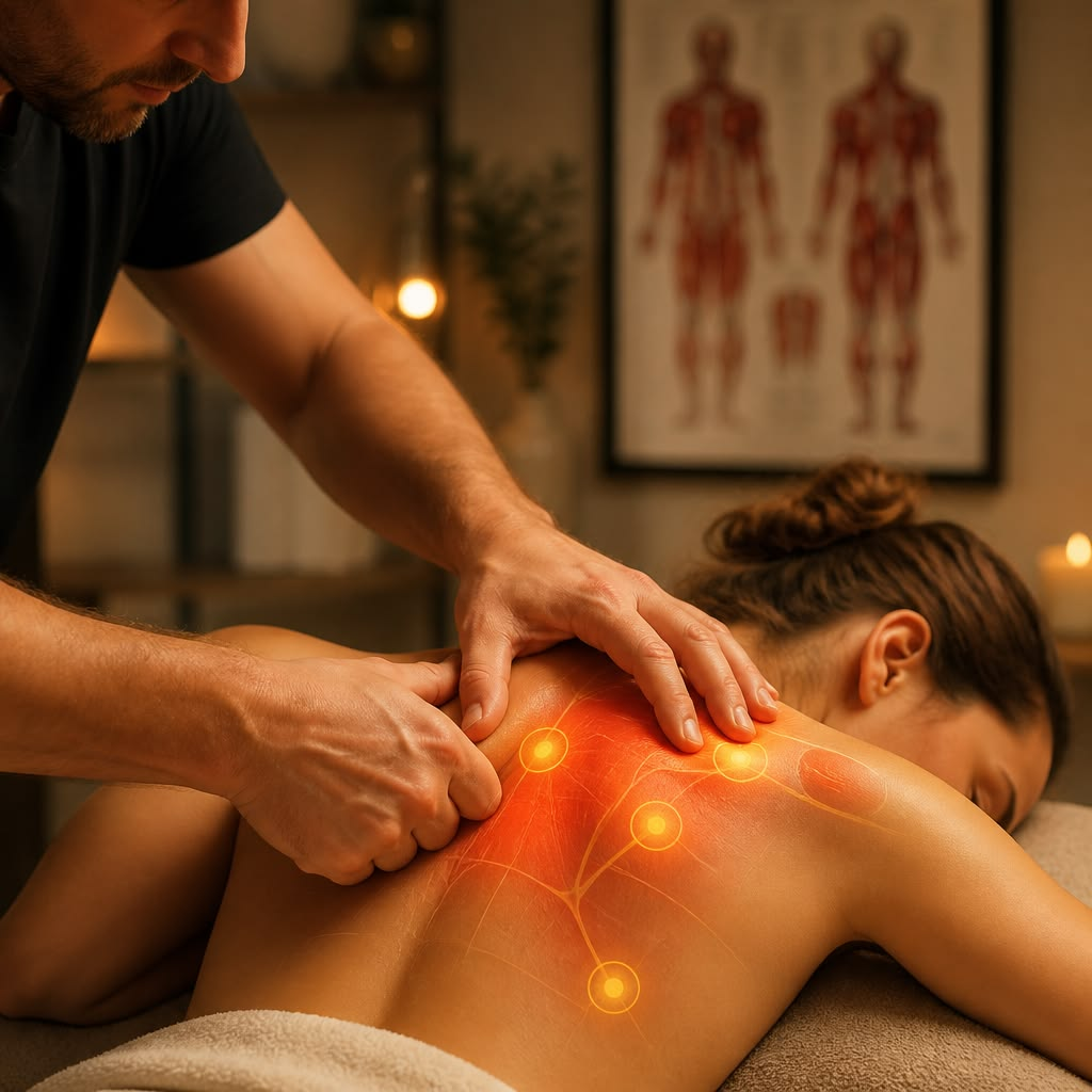 Therapist applying firm deep tissue pressure to a client’s back