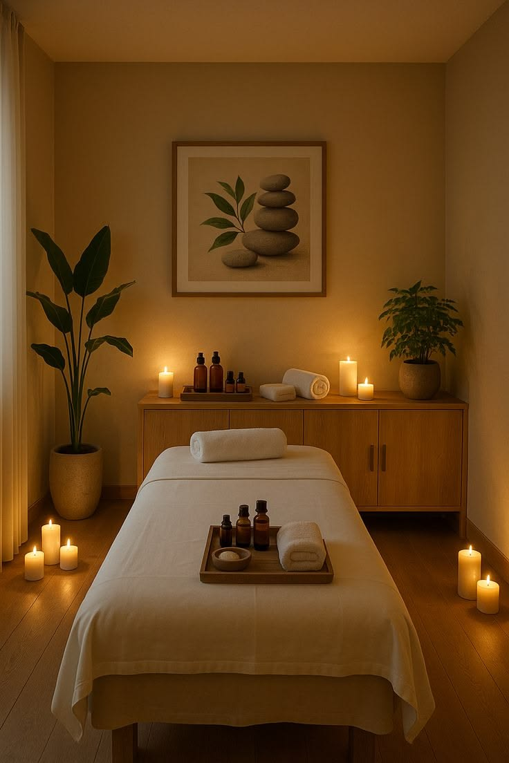 Candles, rolled towels and warm spa light at ProCare Wellness, Georgetown